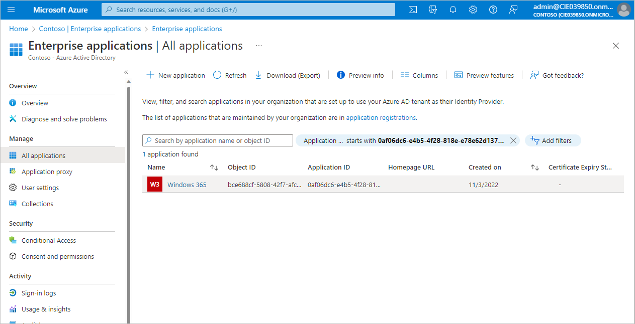 Cuplikan layar aplikasi Enterprise di Microsoft Entra ID.