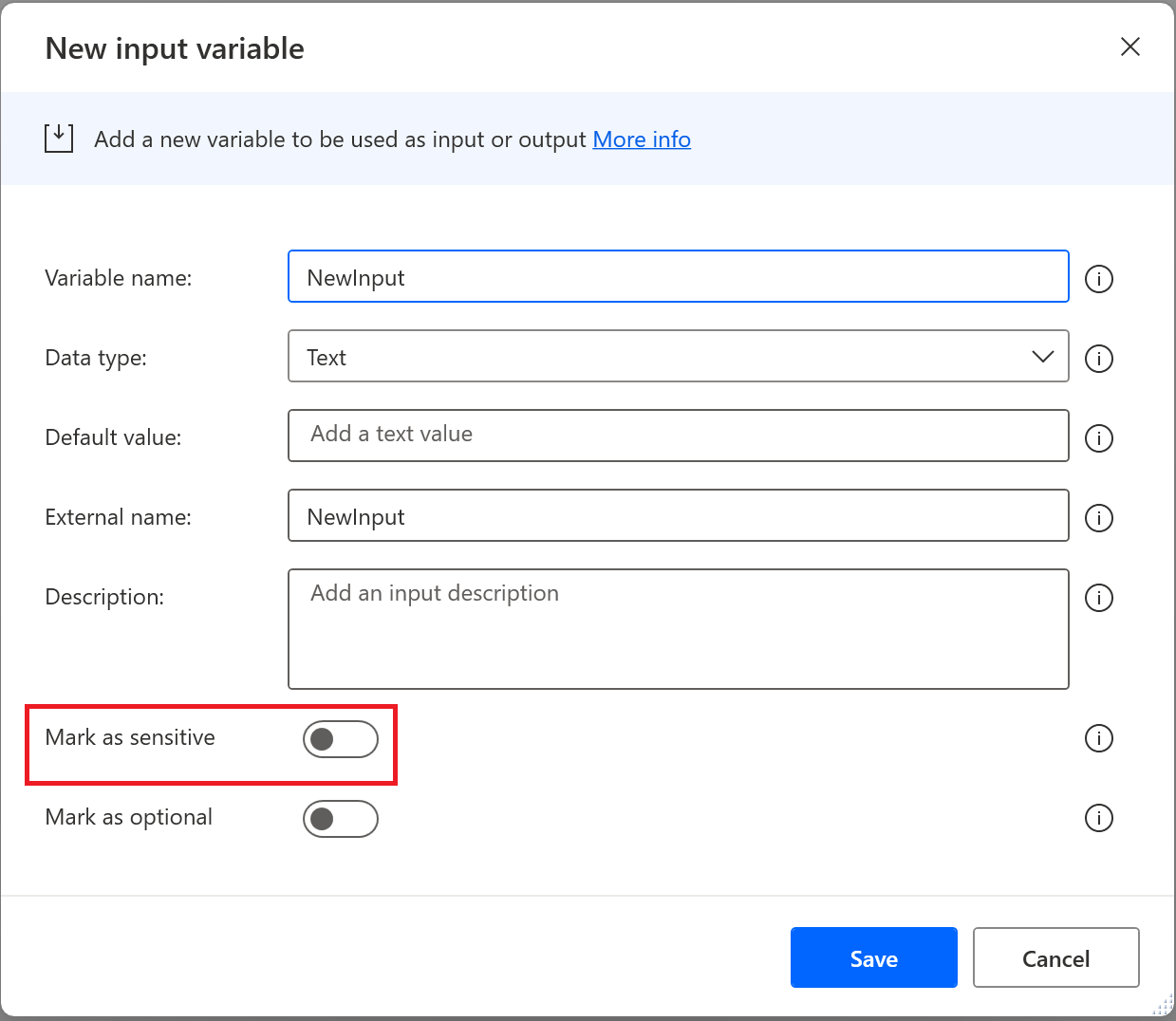 Cuplikan layar dialog untuk menambahkan variabel input baru.