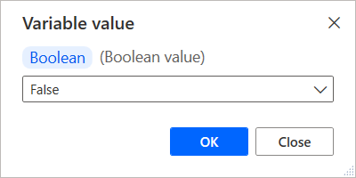 Cuplikan layar variabel boolean yang dimodifikasi di penampil variabel.
