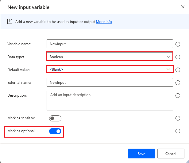 Cuplikan layar konfigurasi input variabel boolean untuk menggunakan kosong sebagai nilai defaultnya.