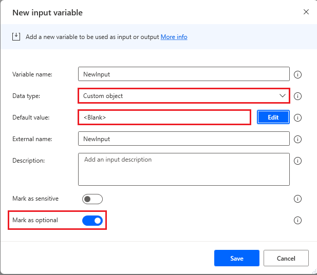 Cuplikan layar konfigurasi input objek kustom untuk menggunakan kosong sebagai nilai defaultnya.