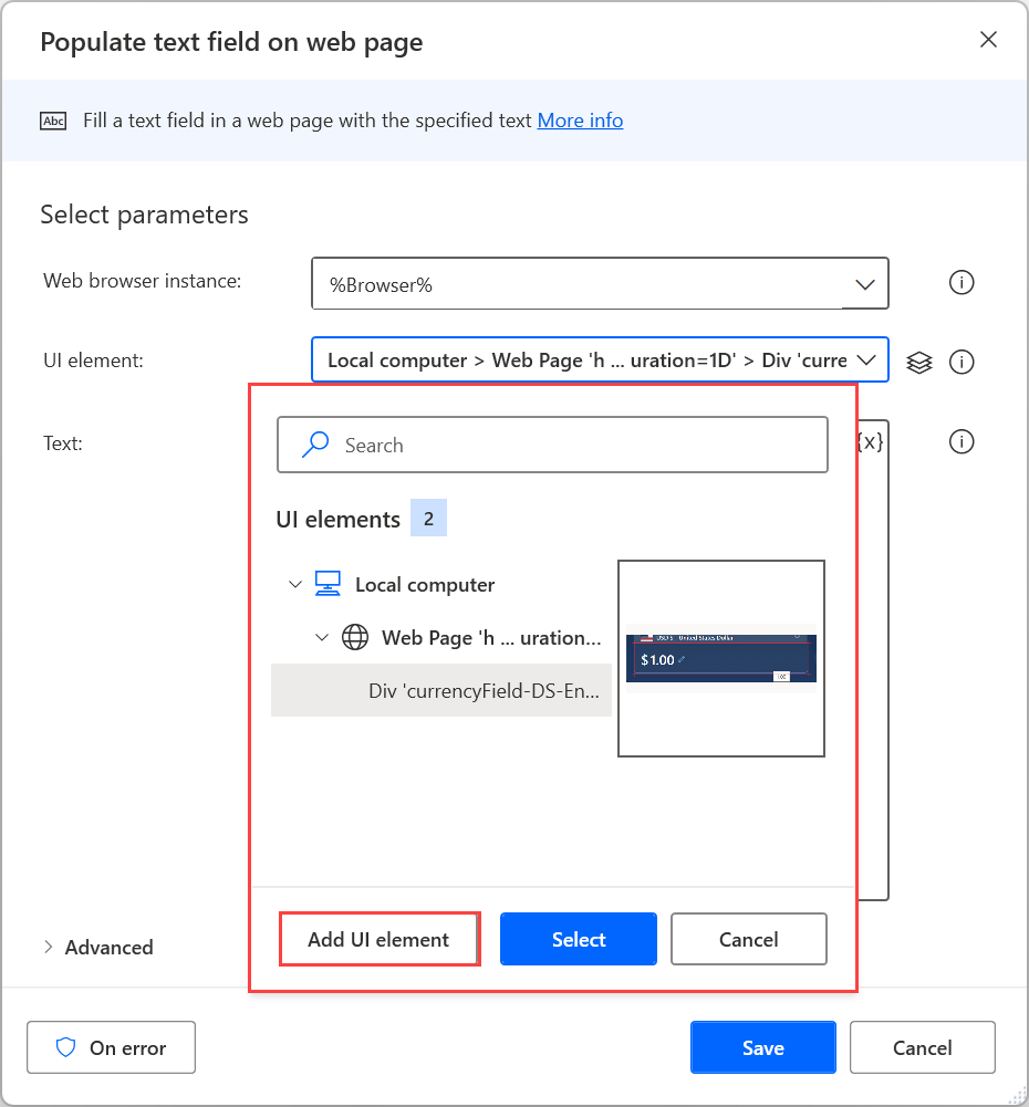 Cuplikan layar elemen UI yang tersedia di tindakan Isi bidang teks di halaman web.