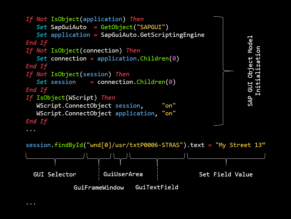 Cuplikan layar kode VBScript ditandai untuk menampilkan sintaks.