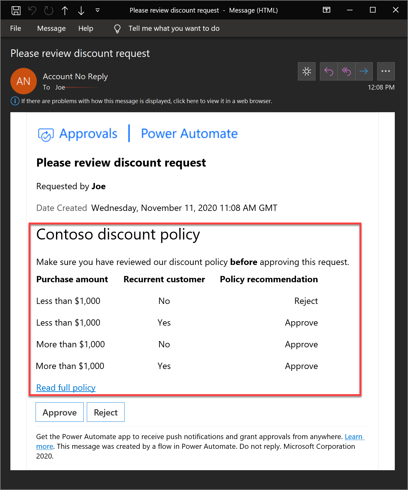 Permintaan persetujuan di Outlook.