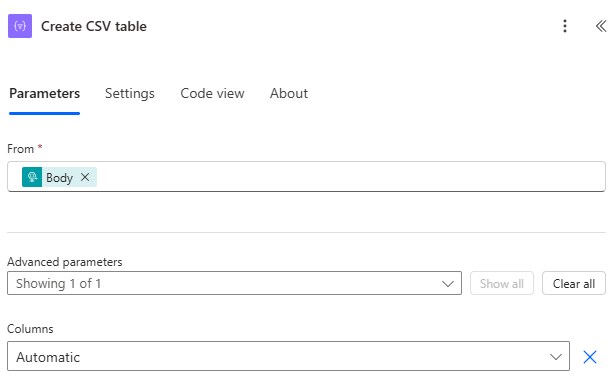 Screenshot dari tindakan Mengonfigurasi tindakan Buat tabel CSV. 'Dari' diatur ke 'Isi', dan 'Kolom' diatur ke 'Otomatis'.
