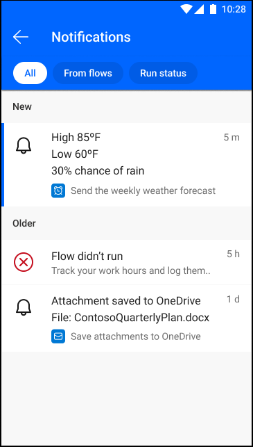 Cuplikan layar notifikasi di Power Automate aplikasi seluler.
