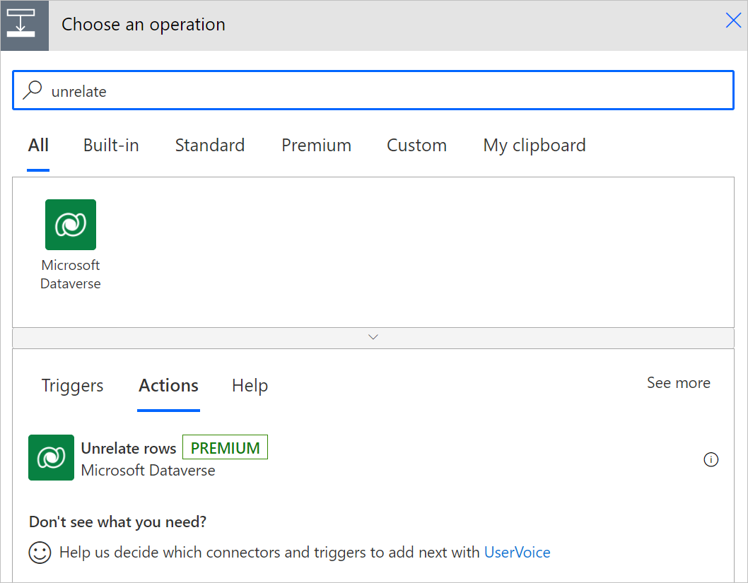 Filter untuk membatalkan hubungan tindakan baris.