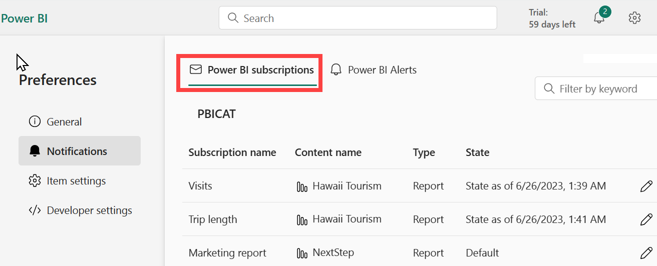 Cuplikan layar memperlihatkan panel Pemberitahuan dengan langganan Power BI yang diuraikan dengan warna merah.