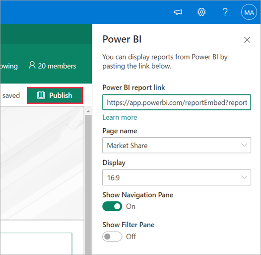 Cuplikan layar tautan laporan Power BI memperlihatkan opsi Terbitkan dipilih.