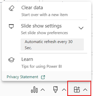 Cuplikan layar add-in Power BI untuk menu opsi add-in PowerPoint.