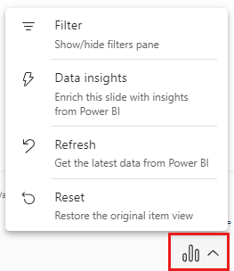 Cuplikan layar add-in Power BI untuk menu opsi data PowerPoint.