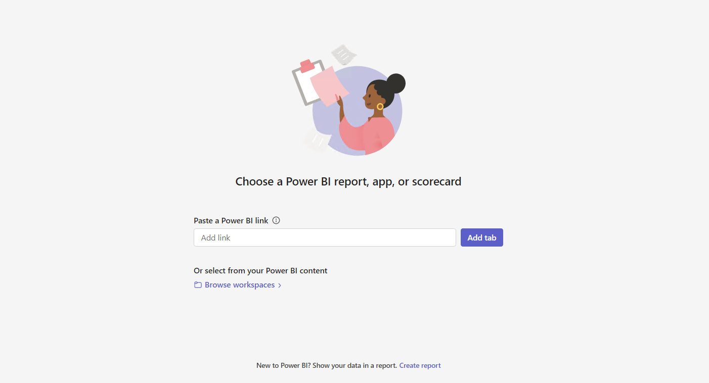 Cuplikan layar konfigurasi tab Power BI baru yang ditambahkan untuk Microsoft Teams.