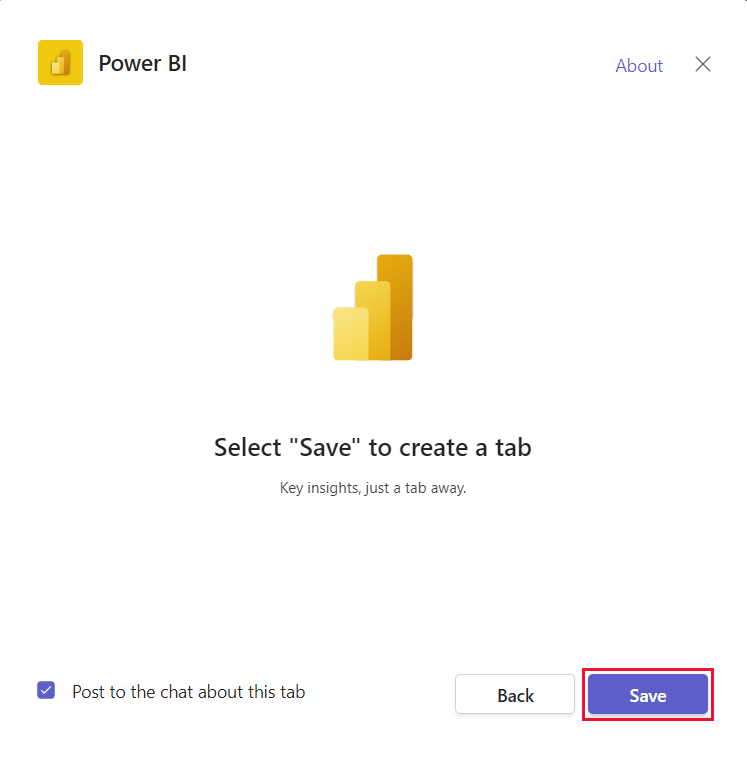 Cuplikan layar tab Power BI baru yang ditambahkan untuk Microsoft Teams.