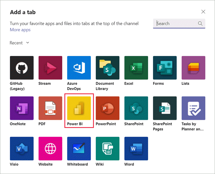 Cuplikan layar daftar tab Microsoft Teams memperlihatkan Power BI.