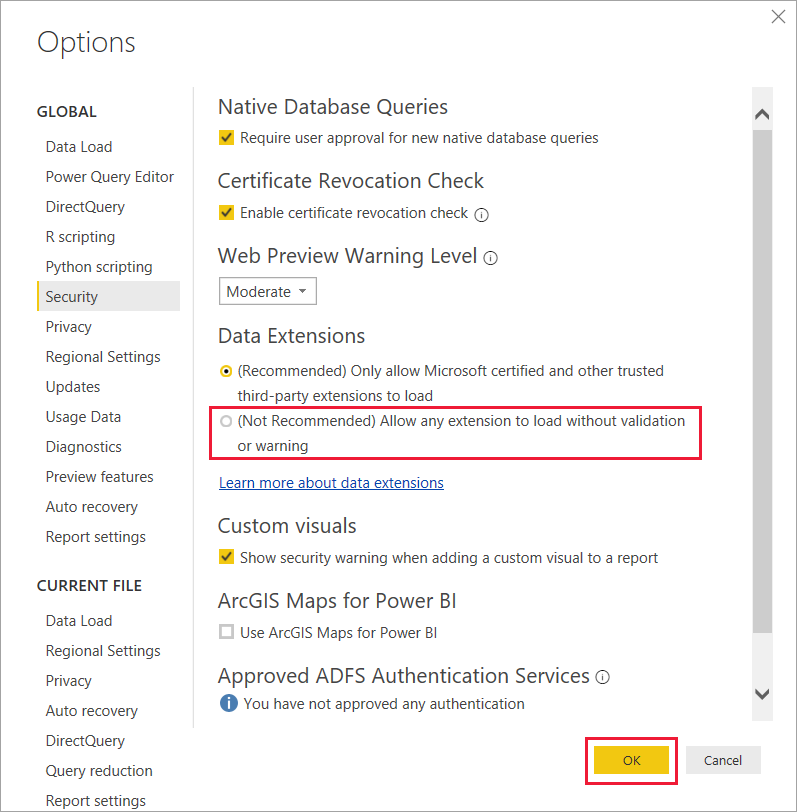 Screenshot that shows allowing non-certified custom connectors in Data Extension Security options.