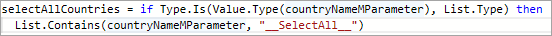 Cuplikan layar yang memperlihatkan Pilih semua Boolean yang digunakan dalam kueri sumber.