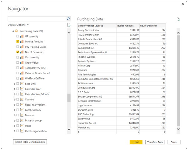 Cuplikan layar pratinjau tabel SAP di layar Navigator.