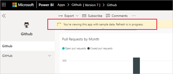 Power BI GitHub app refresh in progress