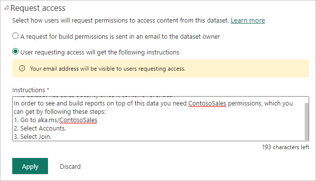 Screenshot of the Request access configuration dialog in the semantic model settings.