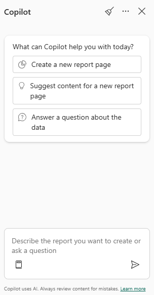 Copilot Cuplikan layar panel di Power BI dengan bidang input perintah dan tombol sarankan konten.