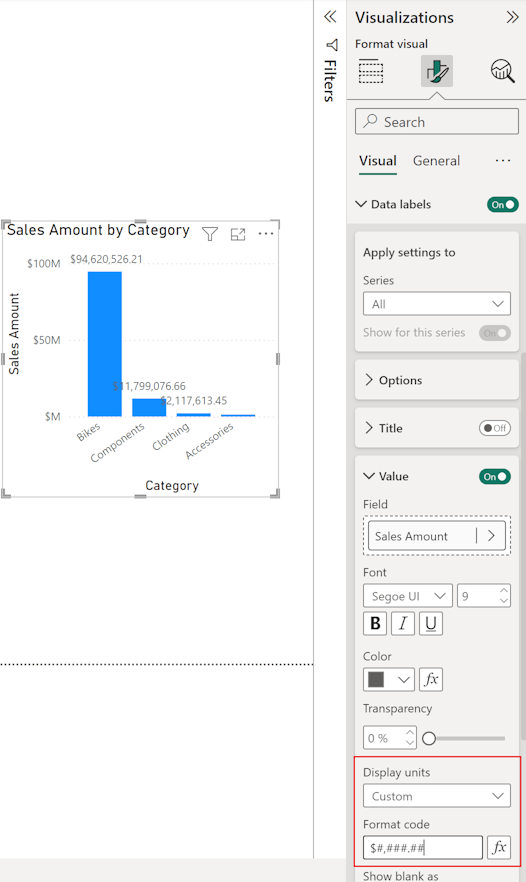 Cuplikan layar panel Format untuk visual, memperlihatkan pengaturan Format nilai untuk Label Data di bagian Visual.