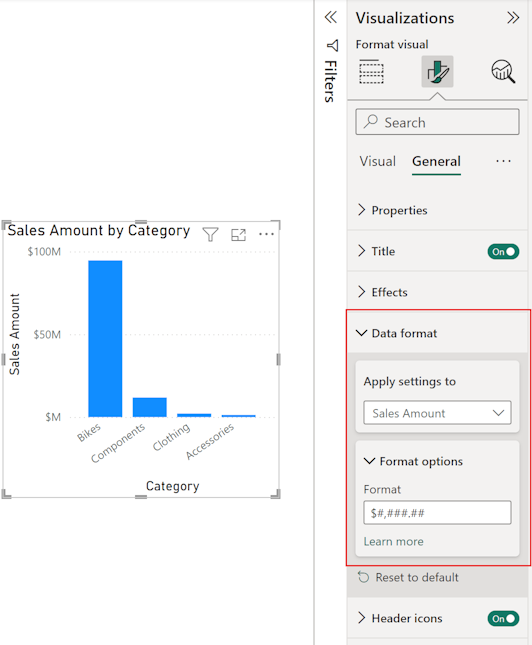 Cuplikan layar panel Format untuk visual, memperlihatkan pengaturan Format data di bagian Umum.