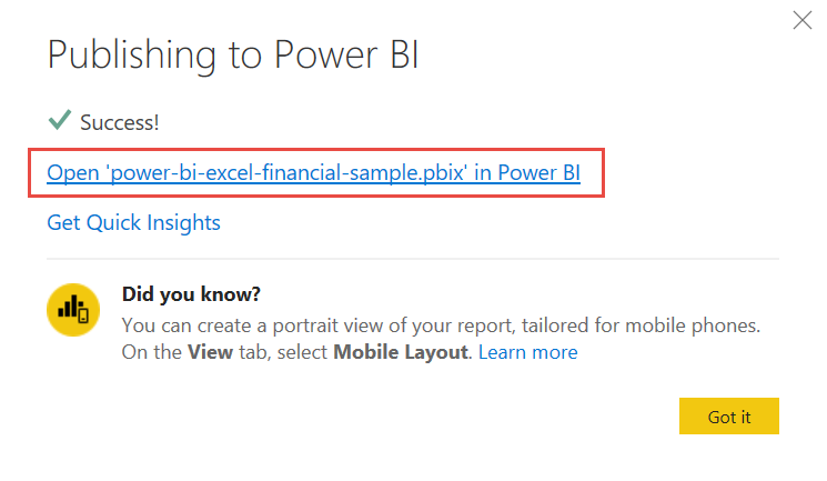 Cuplikan layar membuka laporan Anda di layanan Power BI.