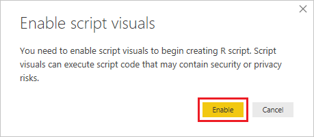 Cuplikan layar dialog Aktifkan visual skrip, menyoroti Aktifkan.