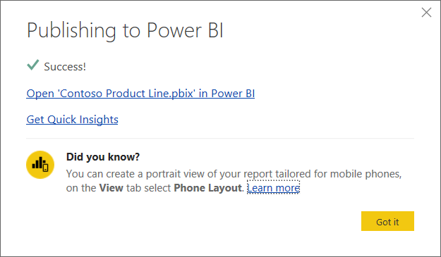 Cuplikan layar dialog Penerbitan ke Power BI yang berhasil.