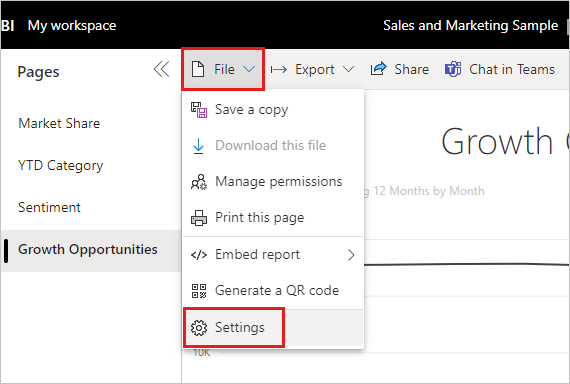 Screenshot of the Power BI service, highlighting File and Settings.