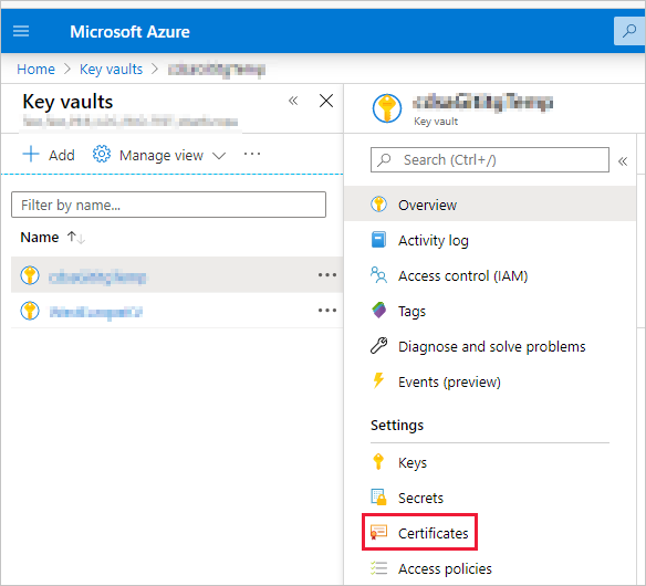 Cuplikan layar jendela portal Microsoft Azure, yang memperlihatkan halaman Brankas kunci dengan item Sertifikat yang disorot.