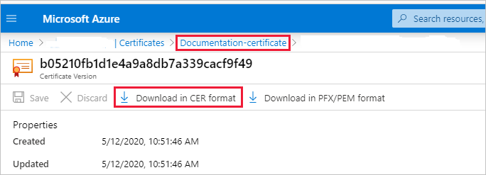 Cuplikan layar jendela portal Microsoft Azure, yang memperlihatkan tombol Unduh dalam Format CER yang disorot.