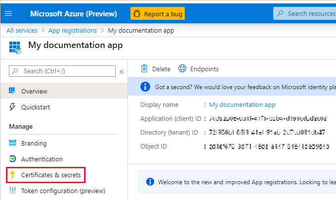 Cuplikan layar jendela portal Azure, yang memperlihatkan panel sertifikat dan rahasia untuk aplikasi.