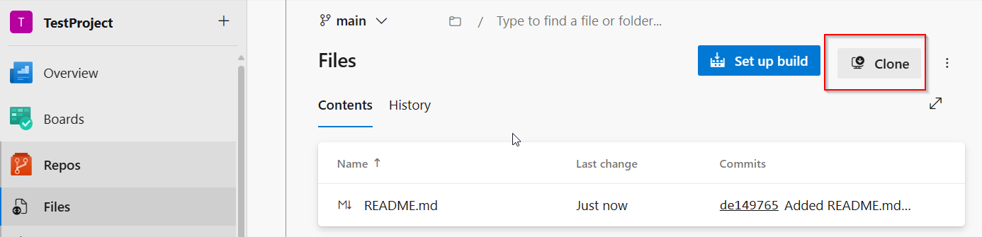 Cuplikan layar UI untuk repositori klon integrasi PBIP dan Azure DevOps.