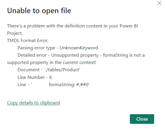 Cuplikan layar pesan kesalahan untuk file yang tidak valid.