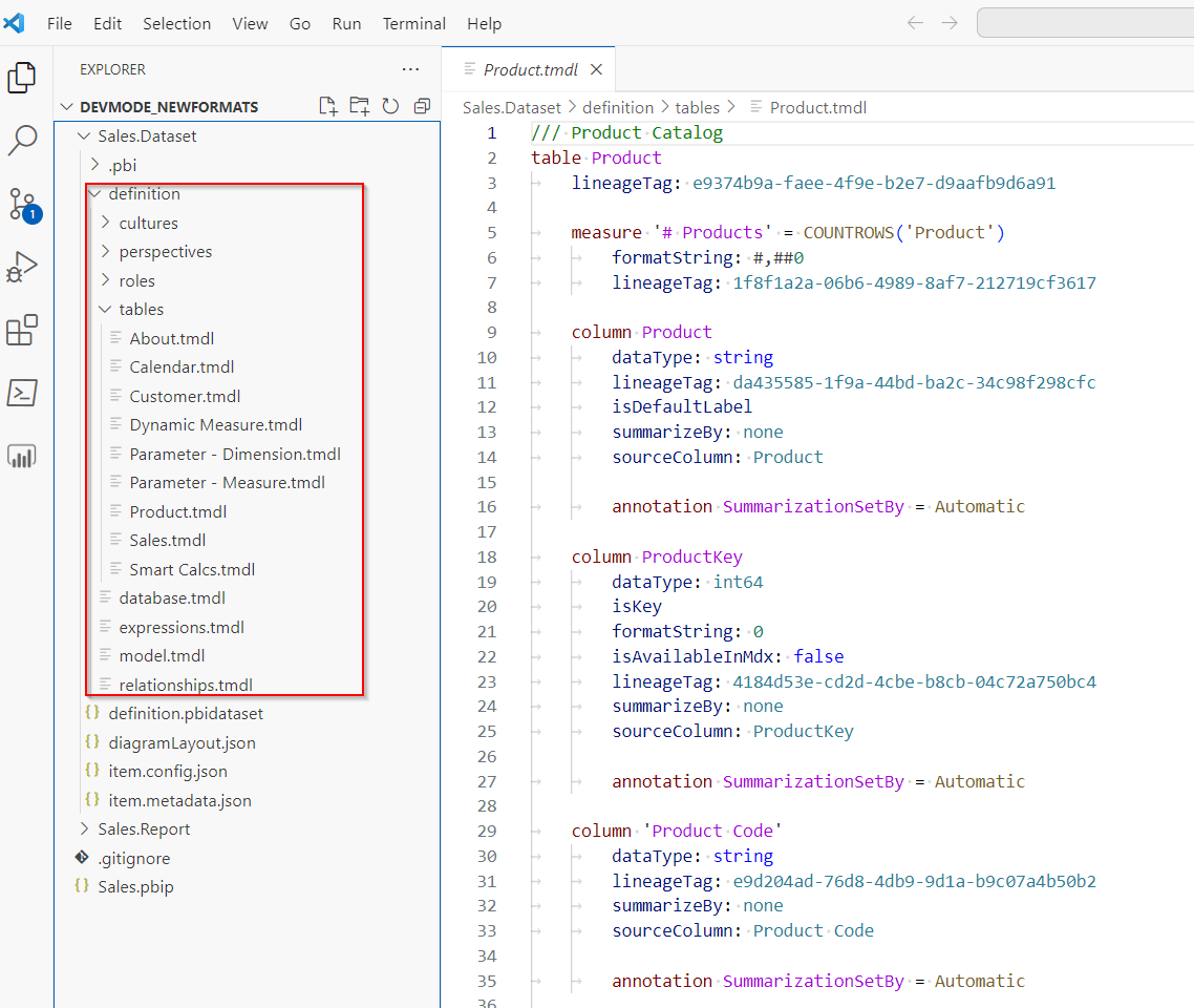 Cuplikan layar folder definisi model semantik di Visual Studio Code.