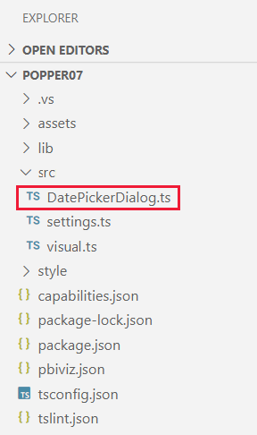 Cuplikan layar memperlihatkan lokasi file implementasi kotak dialog yang disebut DatePickerDialog.ts dalam proyek visual Power BI.