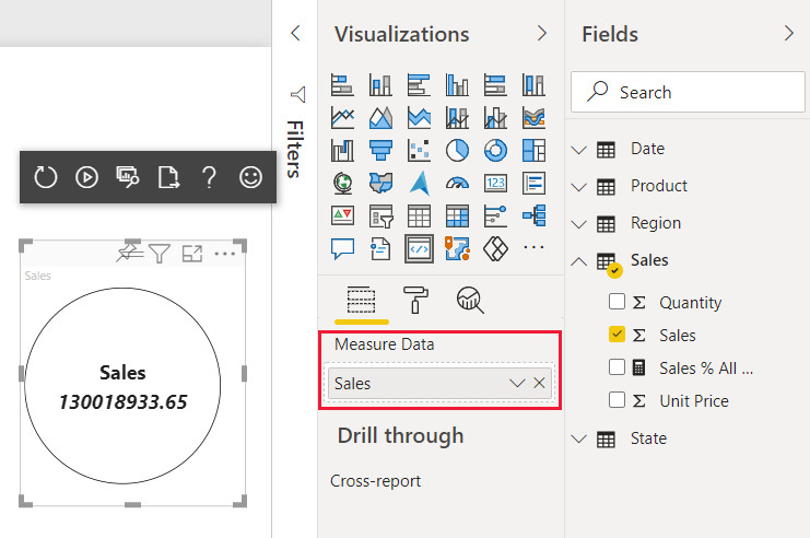 Cuplikan layar nilai penjualan yang ditampilkan dalam visual kartu lingkaran react di layanan Power BI.