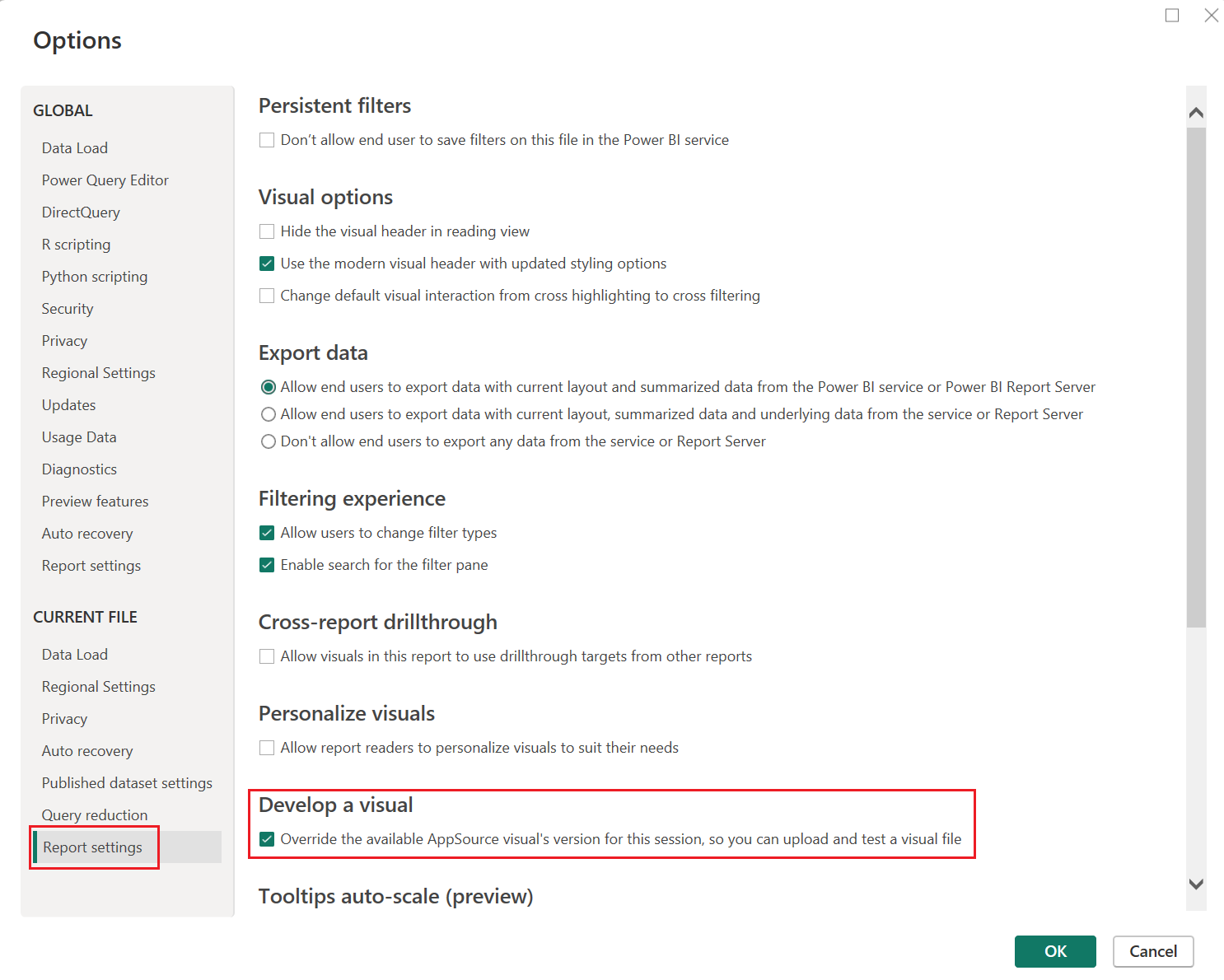 Cuplikan layar mode Pengembang diaktifkan di desktop Power BI.