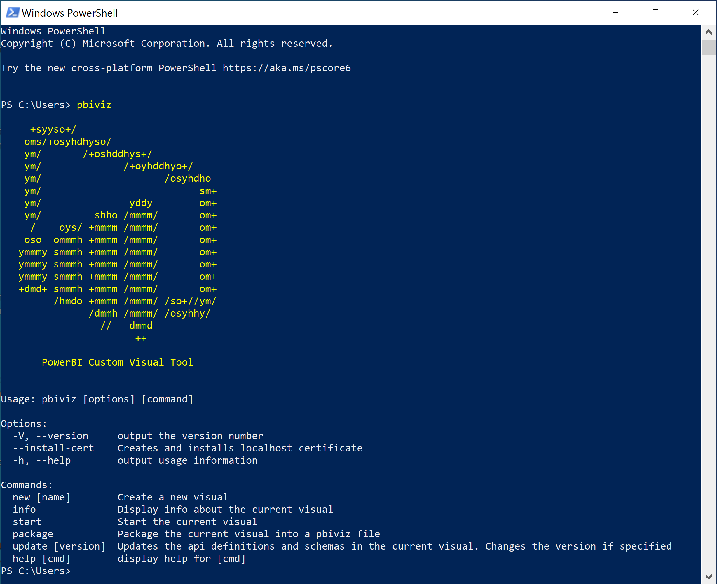 Cuplikan layar output menjalankan perintah p b i viz di PowerShell.