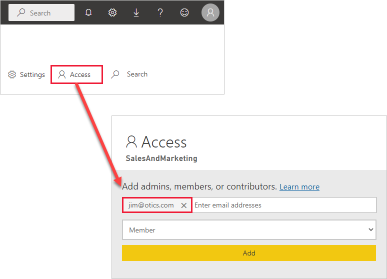 Cuplikan layar pengguna eksternal yang ditambahkan ke daftar Akses aplikasi di Power B I.