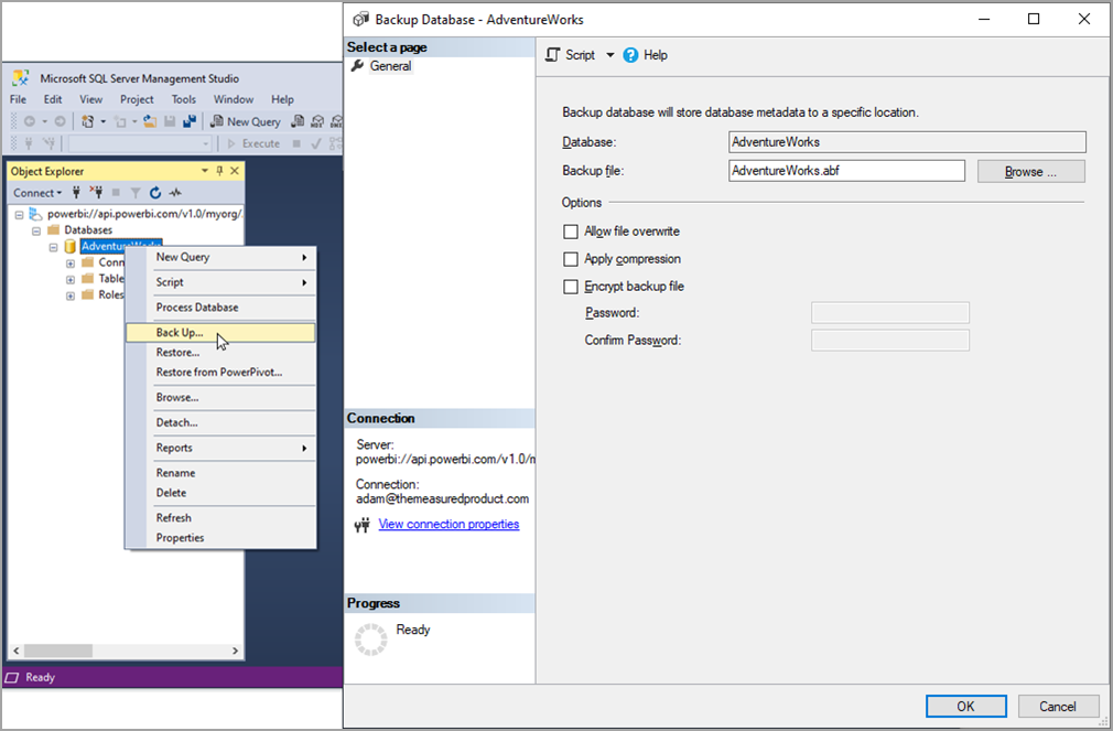 Cuplikan layar jendela SSMS, cadangan dipilih dari menu database. Dialog database cadangan terbuka, OK dipilih.