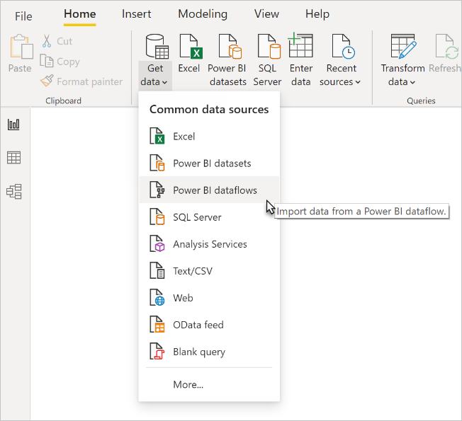 Cuplikan layar Power BI Desktop yang menyoroti opsi aliran data Power BI di menu dropdown Dapatkan data.