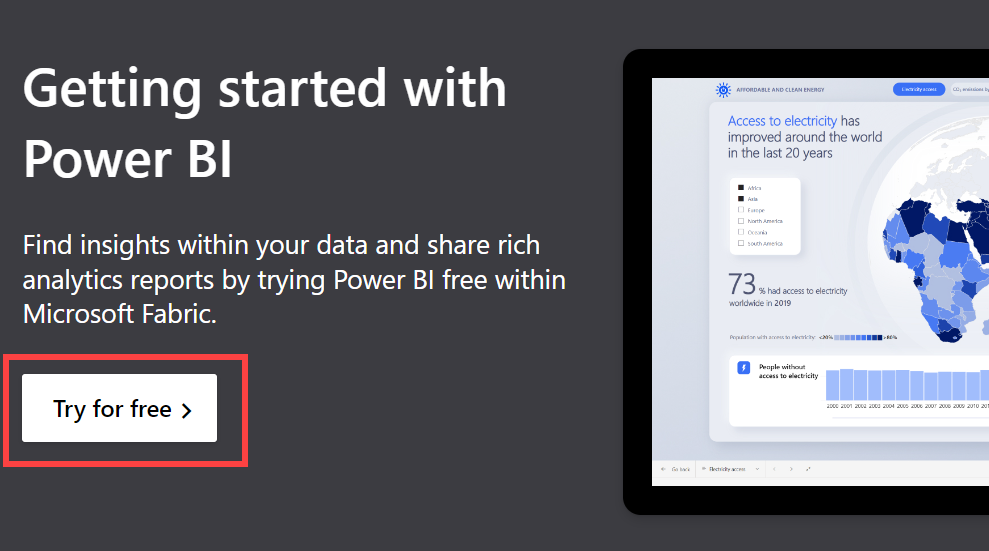 Cuplikan layar layanan Power BI memperlihatkan powerbi.microsoft.com di browser web.