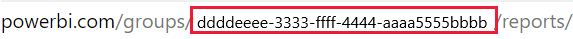 A screenshot showing workspace ID GUID in the Power B I service U R L