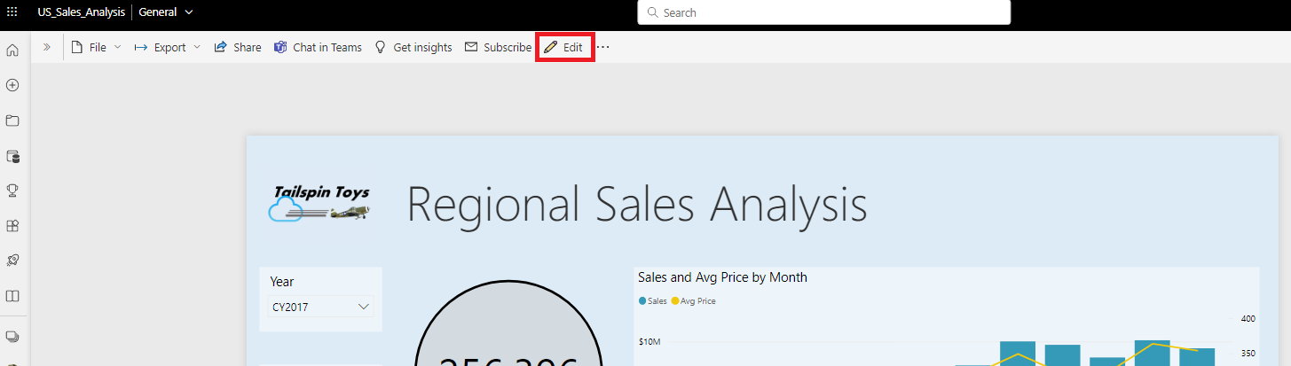 Cuplikan layar opsi edit di layanan Power BI.