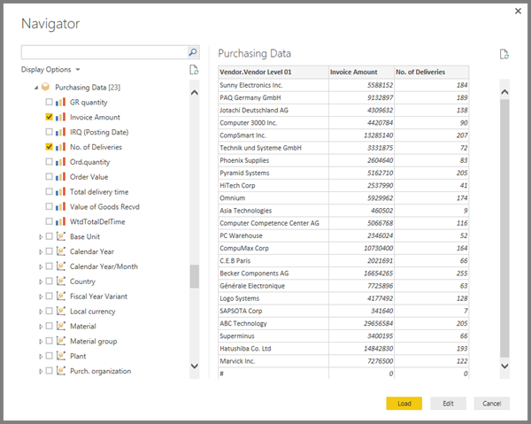 Cuplikan layar pratinjau tabel SAP di layar Navigator.