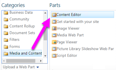 Cuplikan layar memperlihatkan cara memilih Komponen Web Editor Konten.