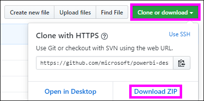 Cuplikan layar memperlihatkan cara mengunduh sampel file PBIX.