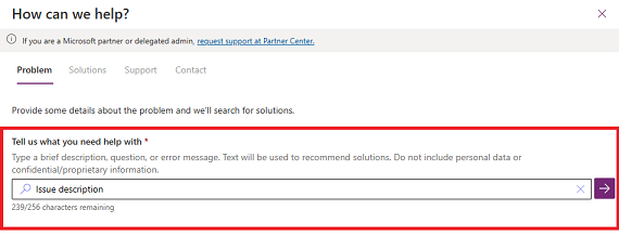 Cuplikan layar tab Masalah, memperlihatkan tempat memasukkan deskripsi masalah.